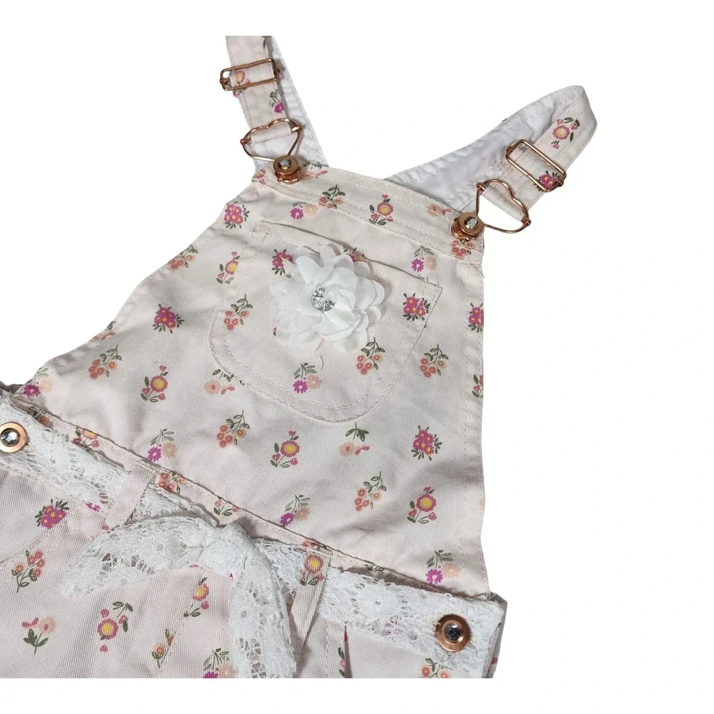 Girls Pink Floral Denim Shortalls with Lace Bow and 3D Flower Size 5